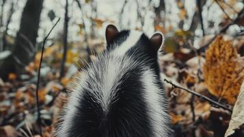 A black and white striped skunk in the woods photo