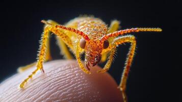 A close up of a small insect on a finger photo
