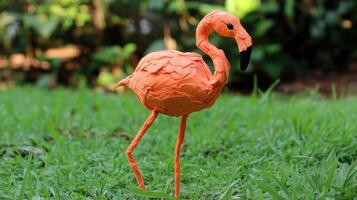 A plastic flamingo standing in the grass photo