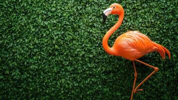 A flamingo stands in front of a green wall photo
