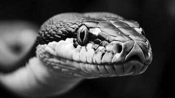 A black and white photo of a snake's head