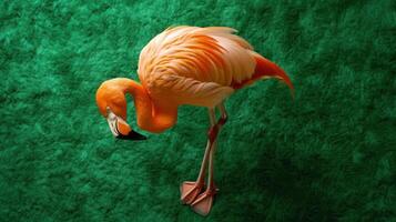 A flamingo standing on a green background photo