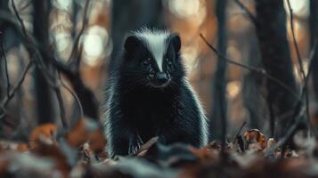 A black and white skunk sitting in the woods photo