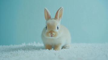 A small rabbit sitting on a white rug photo