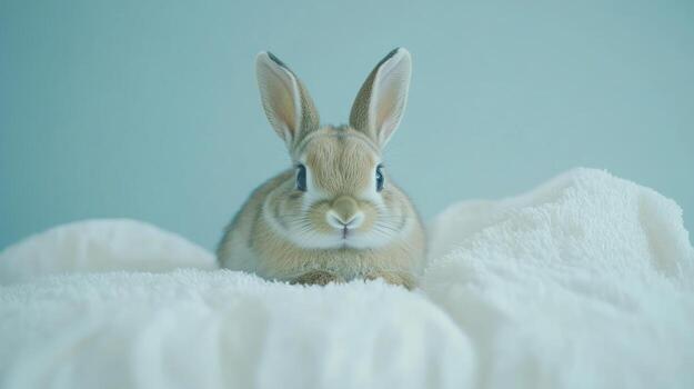 A small rabbit sitting on top of a white blanket photo