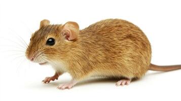 A brown mouse is standing on a white background photo
