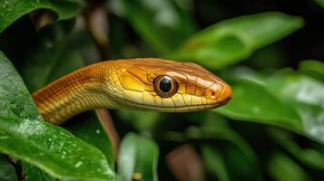 A close up of a snake with its head sticking out of the leaves photo