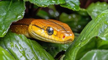 A yellow snake is hiding in the leaves photo