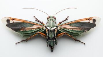 A green and orange insect with a long tail photo