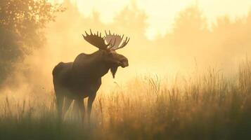 A moose is standing in the grass at sunrise photo