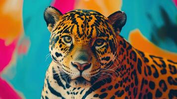 A jaguar is in front of a colorful background photo