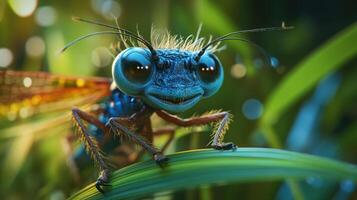 A blue insect with big eyes and a big smile photo