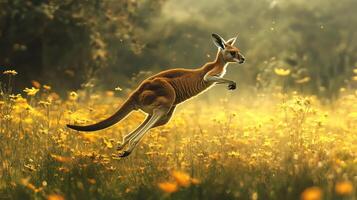 A kangaroo jumping through a field of flowers photo