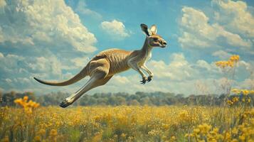 A kangaroo jumping in the air in a field photo