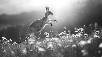 A black and white photo of a kangaroo jumping in the grass