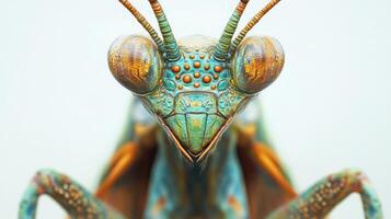 A close up of a colorful praying mantisce photo