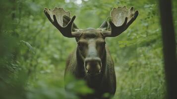 A moose with large horns in the woods photo