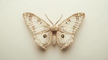 A white moth with large eyes on a white background photo
