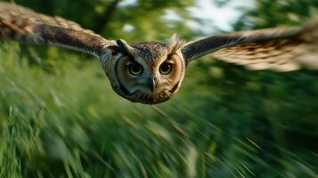 An owl flying through the air with its eyes open photo