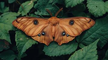 A moth with large eyes sitting on top of some green leaves photo