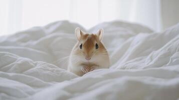 A small brown hamster sitting on top of a white blanket photo