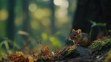 A small mouse is sitting on a log in the woods photo