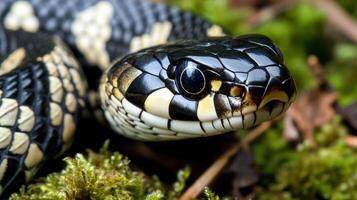 A close up of a snake with black and white stripes photo