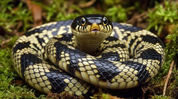 A black and yellow snake with its mouth open photo