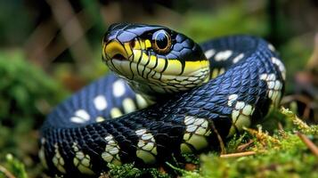 A black and yellow snake with a yellow stripe on its head photo