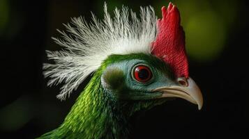 A green bird with a red head and white feathers photo