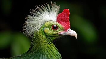 A green bird with a red head and a white feather photo