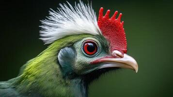 A close up of a green bird with a red head photo