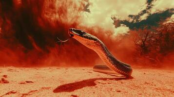 A snake is standing in front of a red sky photo