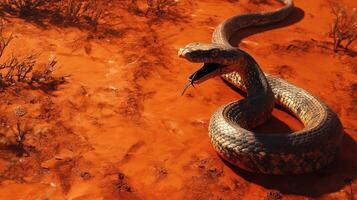 A snake with its mouth open on a red desert photo