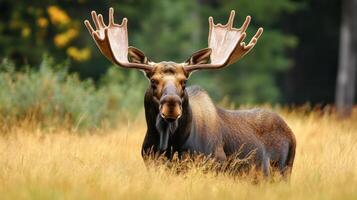 A moose with large antlers standing in a field photo
