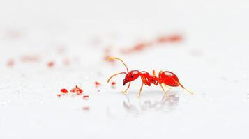 A red ant walking on a white surface photo