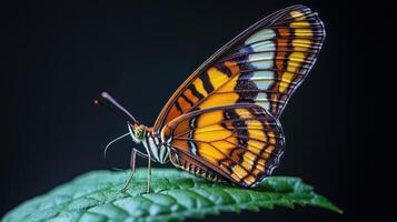 A butterfly with orange and black stripes on its wings photo