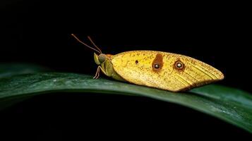 A yellow butterfly sits on a leaf photo