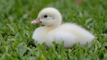 A baby duck sitting in the grass photo