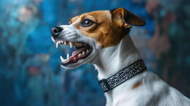A dog with its mouth open and teeth showing photo