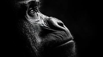 A black and white photo of a gorilla's face
