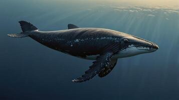 A whale swimming in the ocean with sunlight coming through photo