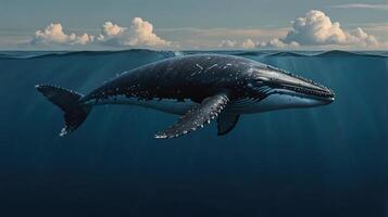 A whale swimming in the ocean with clouds in the background photo