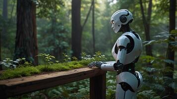 A robot in the forest with a bench photo