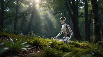 A robot sitting in the middle of a forest photo