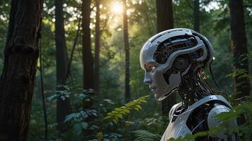 A robot in the woods with trees and sunlight photo