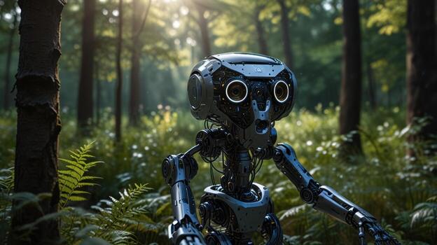 A robot in the woods with a sun shining through the trees photo