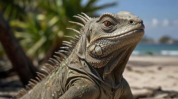 An iguana on the beach with a palm tree in the background photo