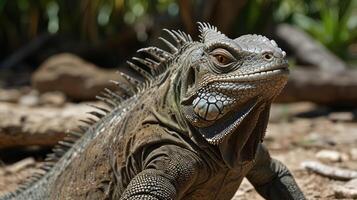 An iguana is walking on the ground photo