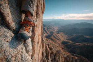 A climber balances on a narrow ledge, showcasing rugged shoes as they take in breathtaking views of the mountains during sunset photo